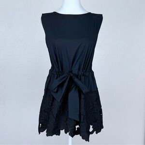 Pearl by Lela Rose Floral Lace Poplin Black Sash Waist Top Size S